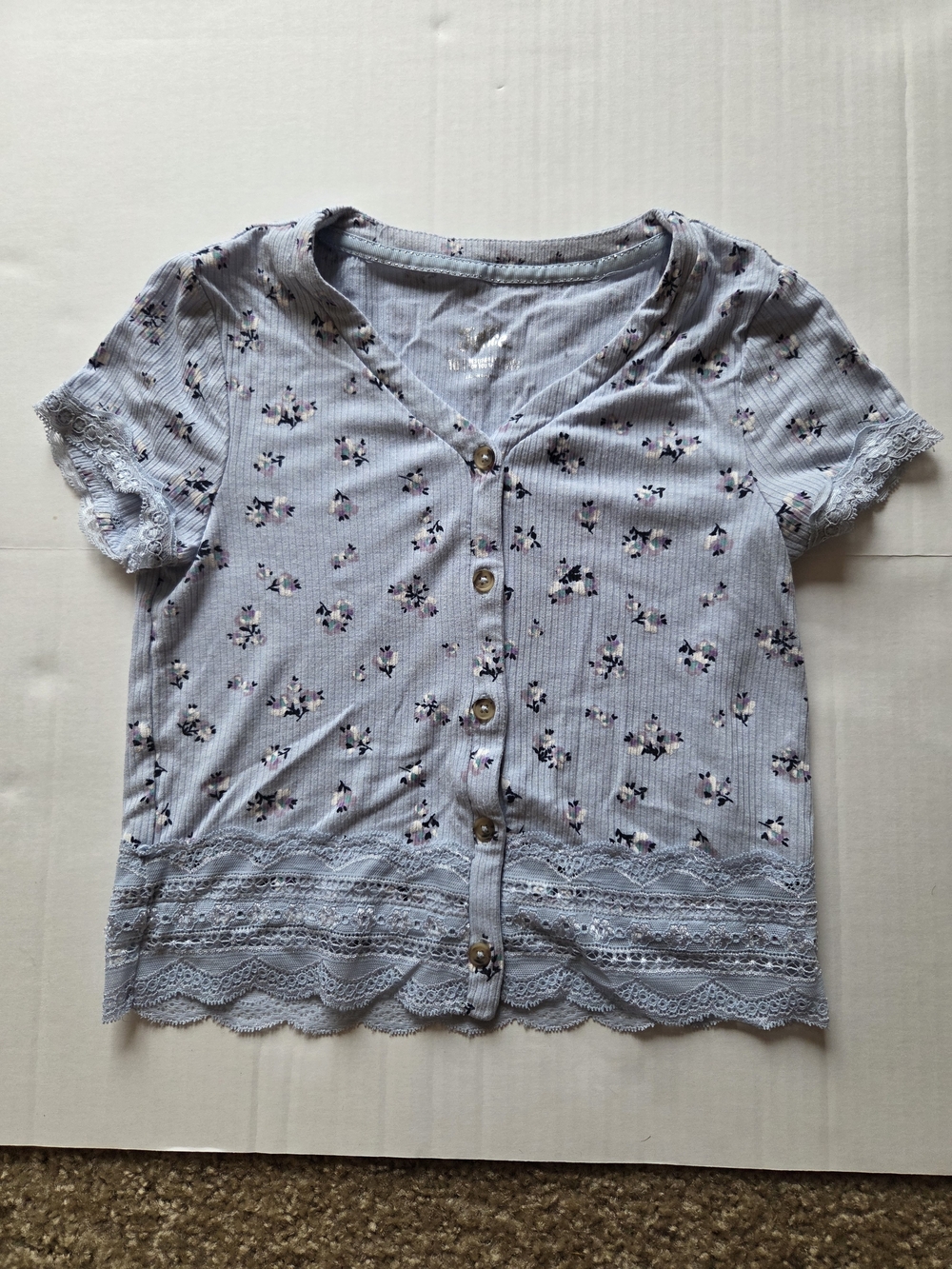 Justice Girls Blue Floral Ribbed Lace Trim Button Front Top Size 10/12